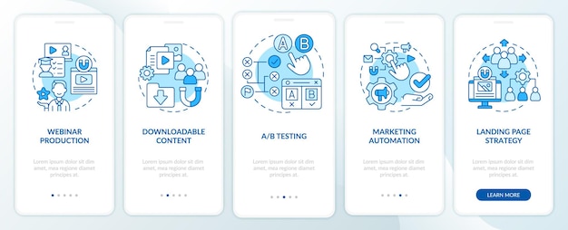 Pantalla de aplicación móvil de incorporación azul de estrategias de marketing digital