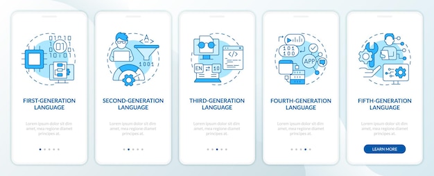 Pantalla de aplicación móvil de incorporación azul de evolución del lenguaje de programación