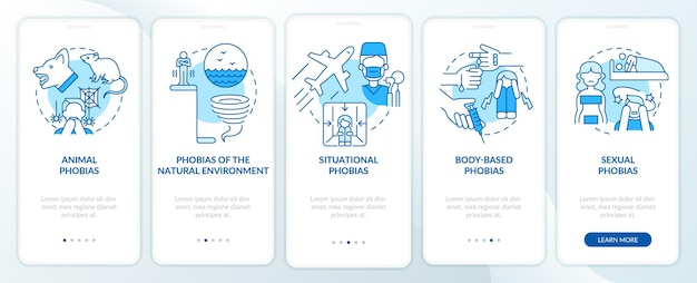 Pantalla de aplicación móvil de incorporación azul de fobias específicas
