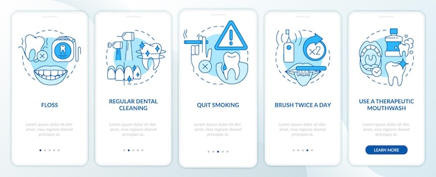 Pantalla de la aplicación móvil de incorporación azul de prevención de enfermedades periodontales Tutorial 5 pasos páginas de instrucciones gráficas con conceptos lineales UI UX Plantilla de GUI Myriad ProBold Fuentes regulares utilizadas