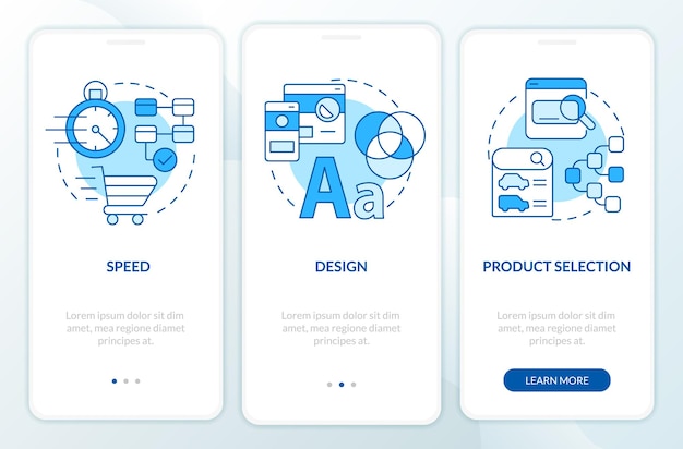 Pantalla de aplicación móvil de incorporación azul de requisitos de cliente de comercio electrónico