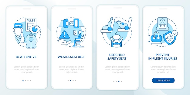 Pantalla de aplicación móvil de incorporación azul de seguridad de pasajeros de avión