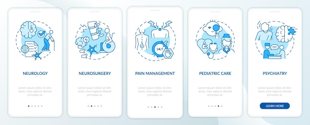Pantalla de la aplicación móvil de incorporación azul de servicios de clínicas médicas Tutorial del hospital Páginas de instrucciones gráficas de 5 pasos con conceptos lineales UI UX Plantilla de GUI Myriad ProBold Fuentes regulares utilizadas