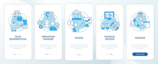 Pantalla de aplicación móvil de incorporación de carreras de gestión empresarial azul. Tutorial de 5 pasos de páginas de instrucciones gráficas con conceptos lineales. Interfaz de usuario, UX, plantilla de interfaz gráfica de usuario. Myriad Pro-Bold, fuentes regulares utilizadas