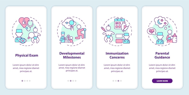 Pantalla de la aplicación móvil de incorporación de cita con el médico del bebé Tutorial de desarrollo infantil 4 pasos instrucciones gráficas editables con conceptos lineales Plantilla GUI UX Myriad ProBold Fuentes regulares utilizadas