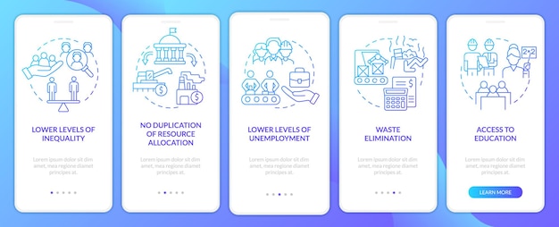 Pantalla de la aplicación móvil de incorporación de degradado azul ES planificada centralmente Recorrido de 5 pasos páginas de instrucciones gráficas con conceptos lineales UI UX Plantilla de GUI Myriad ProBold Fuentes regulares utilizadas