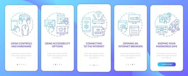 Pantalla de aplicación móvil de incorporación de degradado azul de habilidades de base básica digital Tutorial Páginas de instrucciones gráficas de 5 pasos con conceptos lineales UI UX Plantilla de GUI Myriad ProBold Fuentes regulares utilizadas