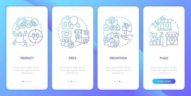 Pantalla de aplicación móvil de incorporación de degradado azul de mezcla de marketing de cuatro P