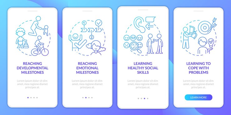 Vector pantalla de aplicación móvil de incorporación de degradado azul de salud mental para niños tutorial 4 pasos páginas de instrucciones gráficas con conceptos lineales ui plantilla de gui de ux myriad probold fuentes regulares utilizadas