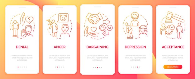 Pantalla de la aplicación móvil de incorporación de degradado rojo de etapas de divorcio Tutorial de acceso Páginas de instrucciones gráficas de 5 pasos con conceptos lineales Plantilla de interfaz gráfica de usuario UI UX Myriad ProBold Fuentes regulares utilizadas