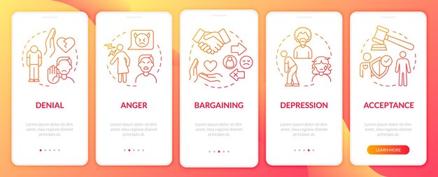 Pantalla de la aplicación móvil de incorporación de degradado rojo de etapas de divorcio tutorial de acceso páginas de instrucciones gráficas de 5 pasos con conceptos lineales plantilla de interfaz gráfica de usuario ui ux myriad probold fuentes regulares utilizadas