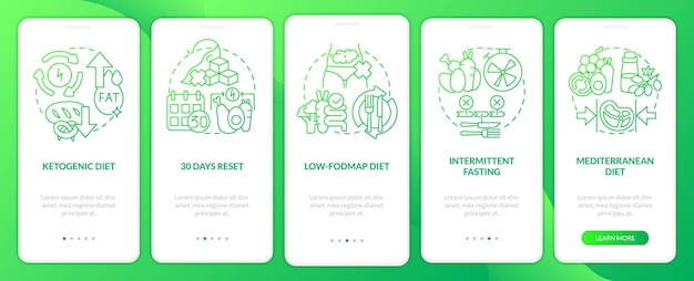 Pantalla de aplicación móvil de incorporación de degradado verde de dietas de moda tutorial de nutrición páginas de instrucciones gráficas de 5 pasos con conceptos lineales plantilla de interfaz gráfica de usuario ui ux myriad probold fuentes regulares utilizadas