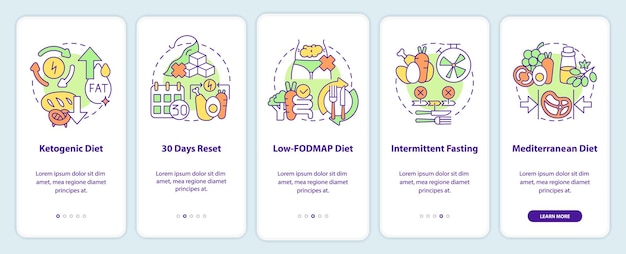 Vector pantalla de la aplicación móvil de incorporación de dietas de moda tutorial de nutrición saludable páginas de instrucciones gráficas de 5 pasos con conceptos lineales plantilla de interfaz gráfica de usuario ui ux myriad probold fuentes regulares utilizadas