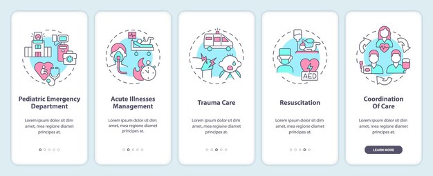 Pantalla de la aplicación móvil de incorporación de emergencias pediátricas Tutorial de atención de urgencia Instrucciones gráficas editables de 5 pasos con conceptos lineales UI Plantilla de GUI de UX Myriad ProBold Fuentes regulares utilizadas