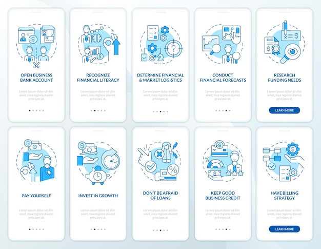 Pantalla de aplicación móvil de incorporación de gestión financiera empresarial azul