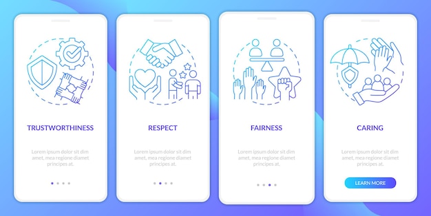 Pantalla de aplicación móvil de incorporación de gradiente azul de elementos de ética organizacional
