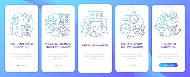Pantalla de la aplicación móvil de incorporación de gradiente azul de ideas de innovación futura