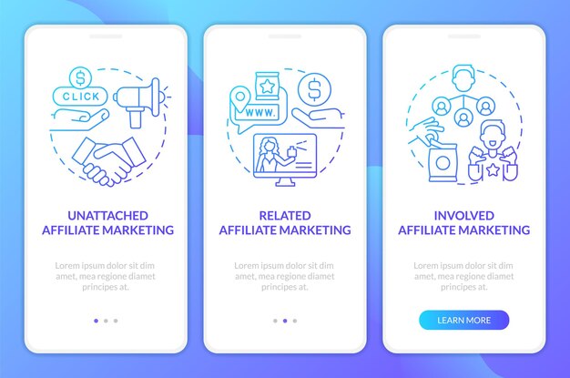 Pantalla de la aplicación móvil de incorporación de gradiente azul de programas de marketing de afiliados