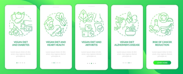 Pantalla de aplicación móvil de incorporación de gradiente verde de dieta vegana y enfermedades