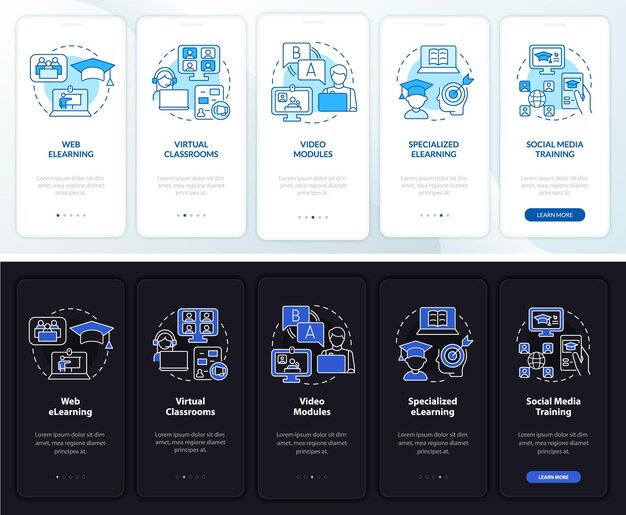 Pantalla de aplicación móvil de incorporación de modo día y noche de tipos de aprendizaje electrónico