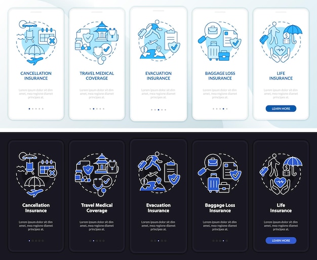 Pantalla de la aplicación móvil de incorporación del modo día y noche Tipos de seguros de viaje Tutorial Páginas de instrucciones gráficas de 5 pasos con conceptos lineales UI UX Plantilla de GUI Myriad ProBold Fuentes regulares utilizadas