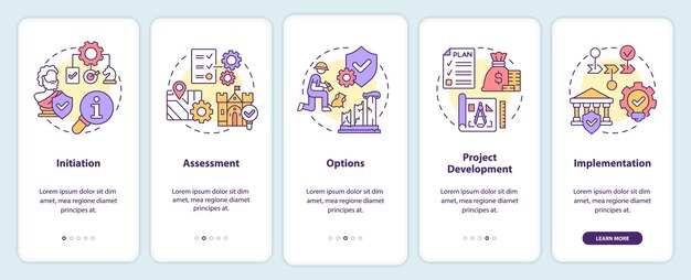 Pantalla de la aplicación móvil de incorporación del proceso de conservación del patrimonio Tutorial de protección Páginas de instrucciones gráficas de 5 pasos con conceptos lineales UI UX Plantilla de GUI Myriad ProBold Fuentes regulares utilizadas