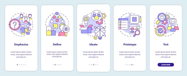 Pantalla de aplicación móvil de incorporación del proceso de pensamiento de diseño Tutorial de desarrollo de productos Páginas de instrucciones gráficas de 5 pasos con conceptos lineales Plantilla de GUI de UI UX Myriad ProBold Fuentes regulares utilizadas