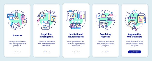 Pantalla de aplicación móvil de incorporación de seguridad Tutorial de protección de ensayos clínicos Páginas de instrucciones gráficas de 5 pasos con conceptos lineales UI UX Plantilla de GUI Myriad ProBold Fuentes regulares utilizadas