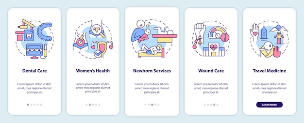 Pantalla de aplicación móvil de incorporación de servicios de atención médica Tutorial de atención al paciente Páginas de instrucciones gráficas de 5 pasos con conceptos lineales UI UX Plantilla de GUI Myriad ProBold Fuentes regulares utilizadas