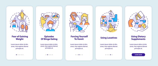 Pantalla de la aplicación móvil de incorporación de síntomas de bulimia. miedo a ganar peso tutorial 5 pasos páginas de instrucciones gráficas con conceptos lineales. ui, ux, plantilla gui. myriad pro-bold, fuentes regulares utilizadas