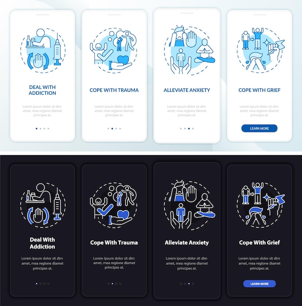 Pantalla de la aplicación móvil incorporada en el modo día y noche de apoyo emocional. tutorial de 4 pasos de páginas de instrucciones gráficas con conceptos lineales. interfaz de usuario, ux, plantilla de interfaz gráfica de usuario. myriad pro-bold, fuentes regulares utilizadas