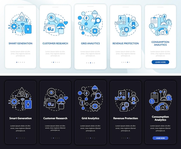 Pantalla de aplicación móvil incorporada en modo día y noche de trabajo de red inteligente. tutorial de red de 5 pasos con páginas de instrucciones gráficas con conceptos lineales. interfaz de usuario, ux, plantilla de interfaz gráfica de usuario. myriad pro-bold, fuentes regulares utilizadas