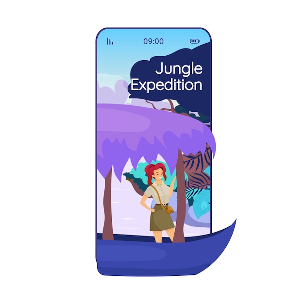 Vector pantalla de la aplicación de teléfono inteligente de dibujos animados jungle expedition. viaje. pantallas de teléfonos móviles con diseño de caracteres planos. aplicación de exploración de la selva teléfono interfaz linda