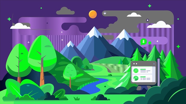 una pantalla colorida con un paisaje de montaña en el fondo