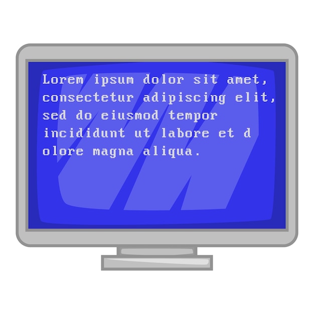 Vector pantalla de computadora azul con icono de texto en estilo de dibujos animados aislado en ilustración de vector de fondo blanco