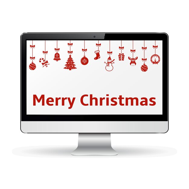 Pantalla de computadora con banner de Feliz Navidad en pantalla