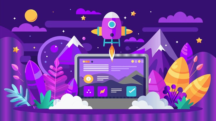 Vector una pantalla de computadora con un cohete y montañas en el fondo
