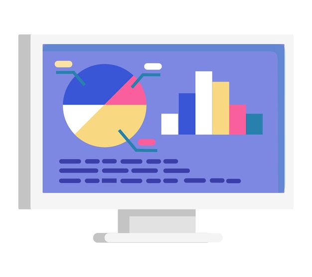 Pantalla de computadora con coloridos gráficos circulares y gráficos de barras, análisis de datos y concepto de informe digital