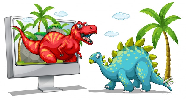 Vector pantalla de computadora con dos dinosaurios