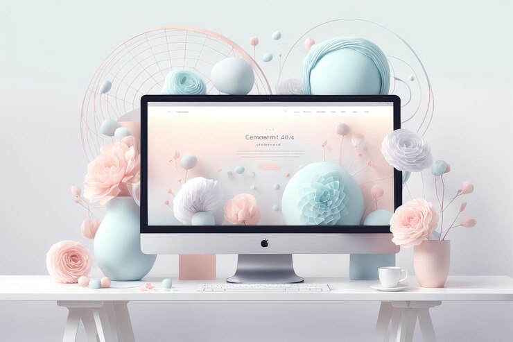 Vector pantalla de computadora y flores en una mesa con ratón 3d