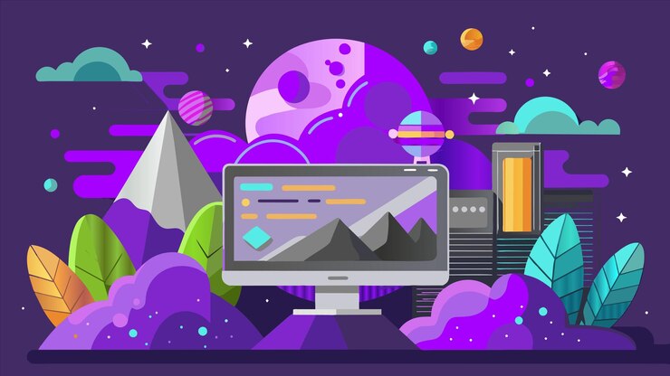 Vector una pantalla de computadora con un fondo púrpura con un lugar llamado la luna y las estrellas