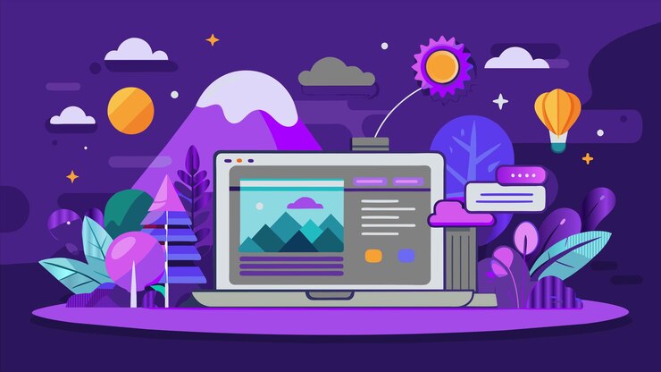 Vector una pantalla de computadora con un fondo púrpura con una montaña en la parte superior