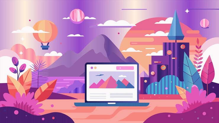 Vector una pantalla de computadora con una imagen de una montaña y una ciudad colorida en el fondo