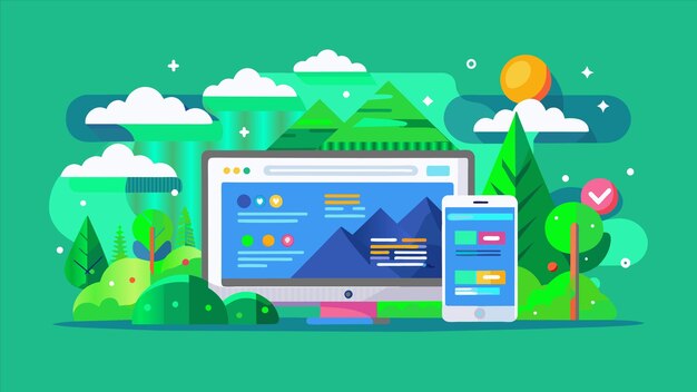 una pantalla de computadora con una imagen de una montaña y una computadora portátil