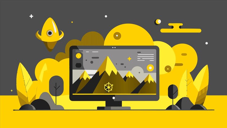Vector una pantalla de computadora con una imagen de montañas y montañas en el fondo
