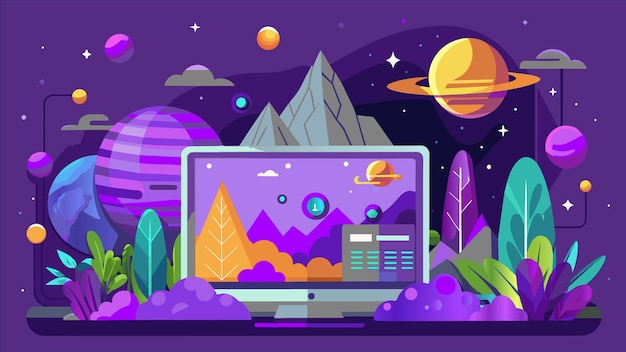 una pantalla de computadora con una imagen de planetas y una montaña en el fondo