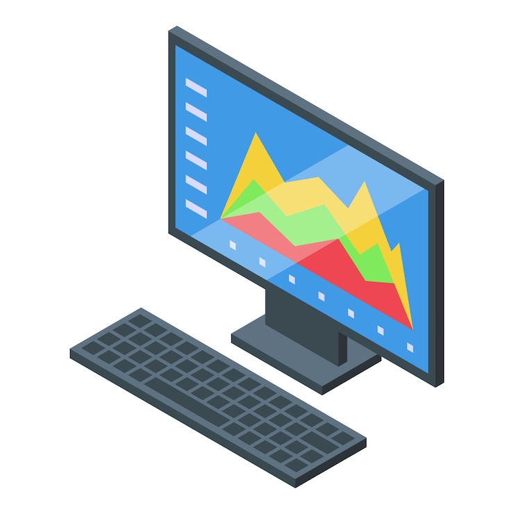 Vector pantalla de computadora isométrica con gráficos de análisis de datos