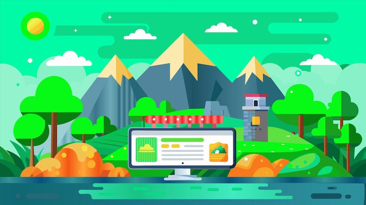 Vector una pantalla de computadora con una montaña al fondo