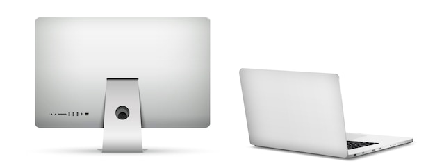 Pantalla de computadora con la parte trasera de la computadora portátil aislada sobre un fondo blanco