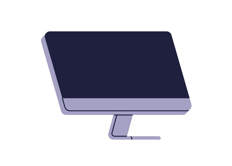 Vector pantalla de computadora personal negra pantalla vacía pc de escritorio en soporte gadget de lugar de trabajo tecnología de dispositivos electrónicos digitales ilustración vectorial gráfica plana aislada sobre fondo blanco